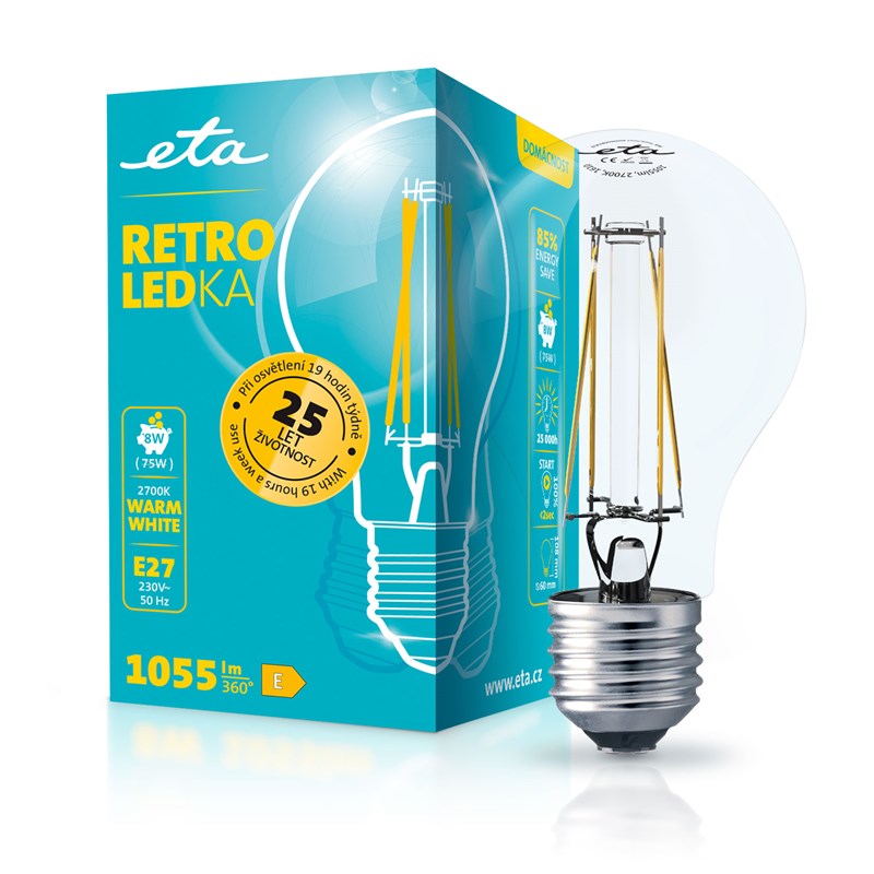 Žárovka LED ETA RETRO LEDka klasik filament 8W, E27, teplá bílá