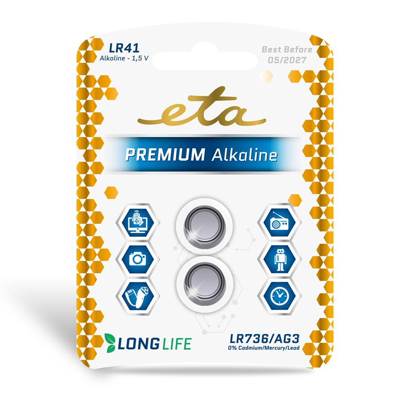 Baterie alkalická ETA PREMIUM ALKALINE 1,5V, LR41, blistr 2ks