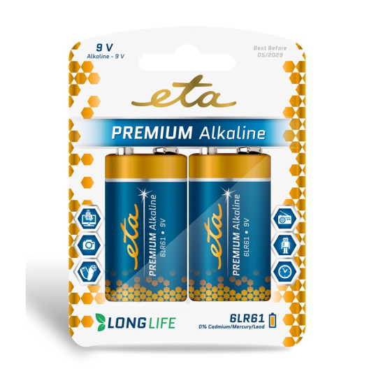 ETA PREMIUM ALKALINE 9V, 6LR61, blistr 2ks