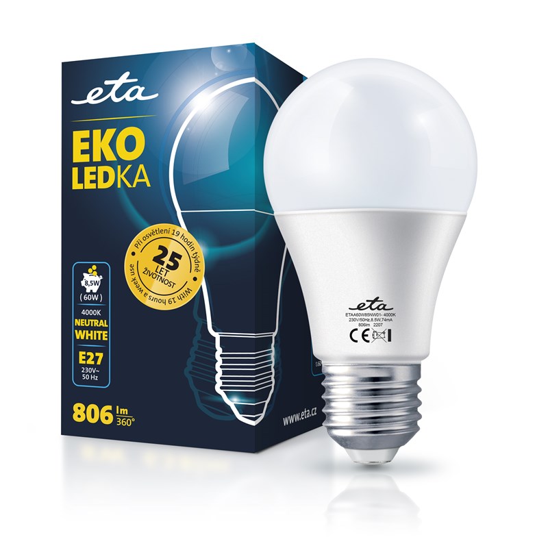 Žárovka LED ETA EKO LEDka klasik 8,5W, E27, neutrální bílá