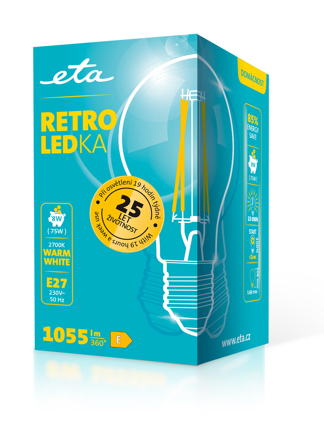 Žárovka LED ETA RETRO LEDka klasik filament 8W, E27, teplá bílá