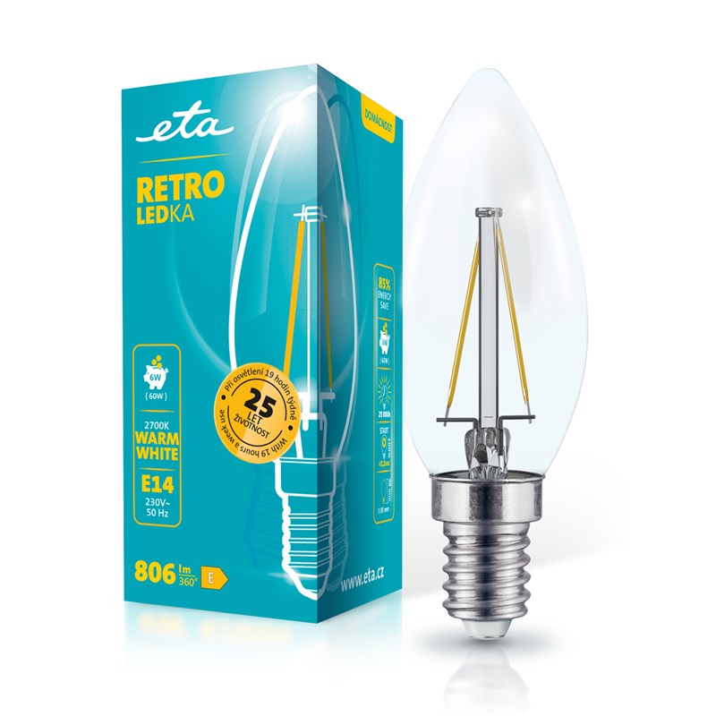 Žárovka LED ETA RETRO LEDka svíčka filament 6W, E14, teplá bílá