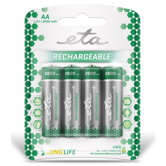 Baterie nabíjecí ETA AA, HR06, 2600mAh, Ni-MH, blistr 4ks