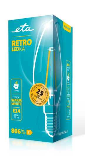 Žárovka LED ETA RETRO LEDka svíčka filament 6W, E14, teplá bílá