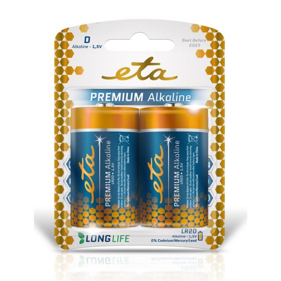 Baterie alkalická ETA PREMIUM ALKALINE D, LR20, blistr 2ks