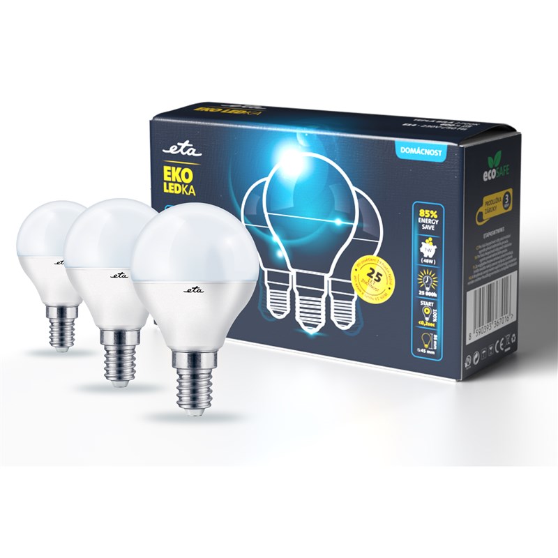 Žárovka LED ETA EKO LEDka mini globe 7W, E14, teplá bílá, 3ks